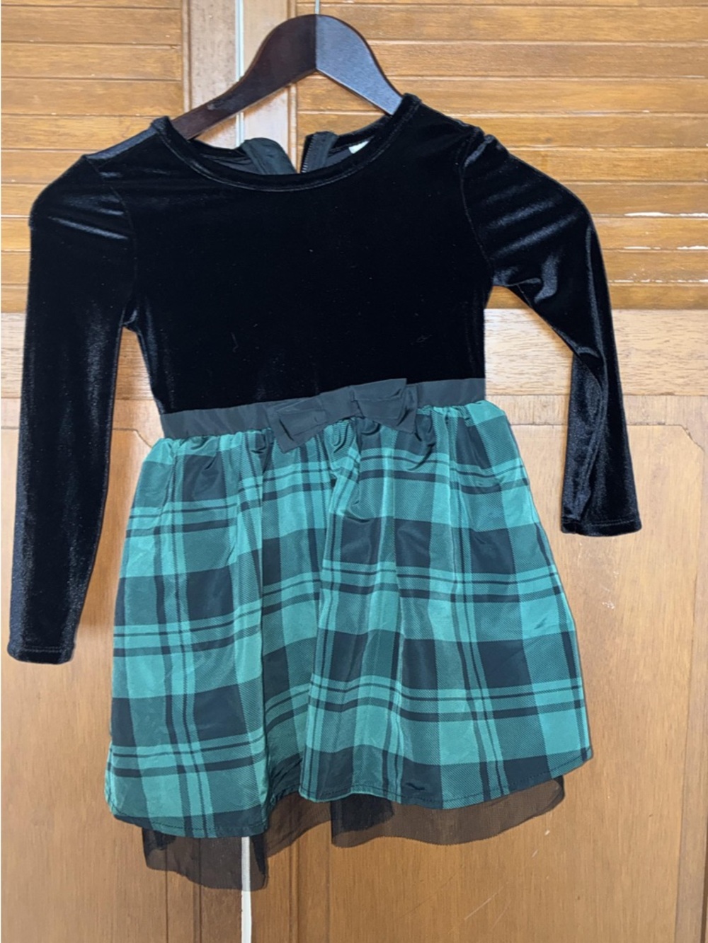 Cat & Jack Black Velvet Top with Green Plaid Skirt Dress